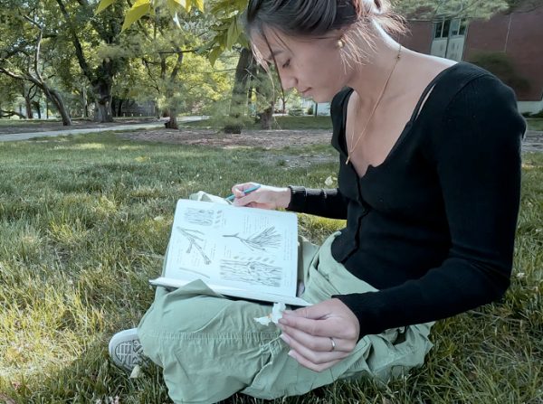 Student Jamie Hefley works in her field illustration sketchbook